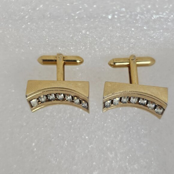Vintage Swank Cufflinks Baguette Clear Rhinestone Gold Tone Rectangle Curved MCM - Picture 3 of 11